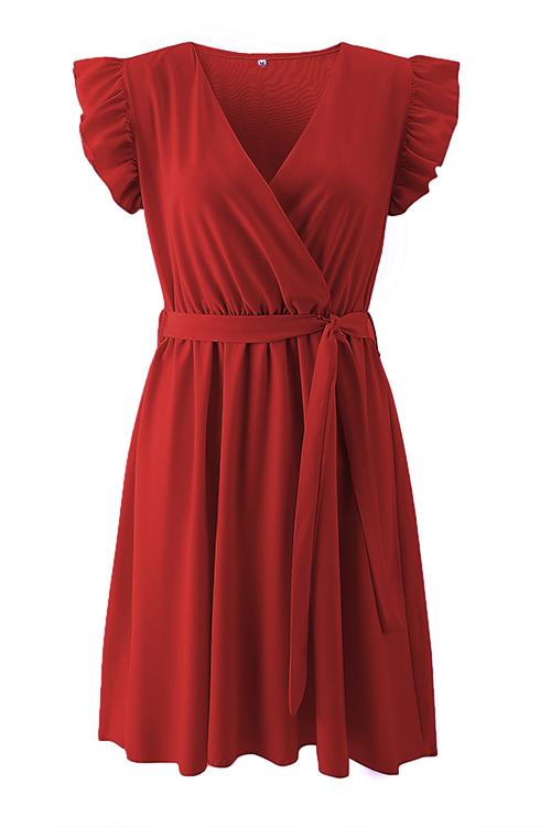 Ruffles V Neck Bleted Mini Dress