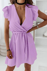 Ruffles V Neck Bleted Mini Dress