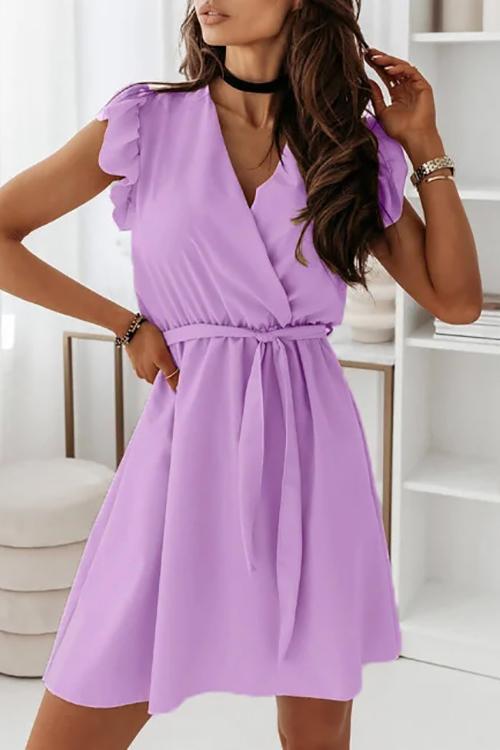 Ruffles V Neck Bleted Mini Dress