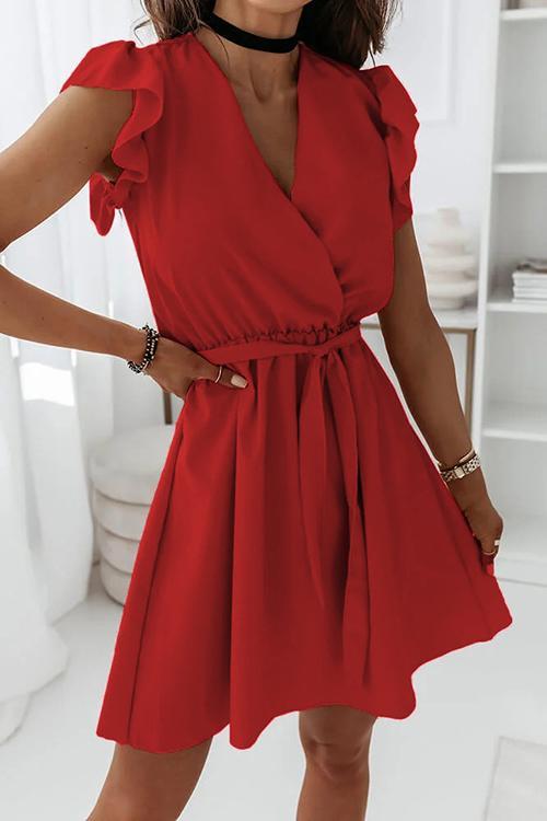 Ruffles V Neck Bleted Mini Dress