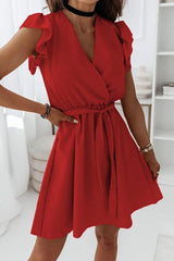 Ruffles V Neck Bleted Mini Dress