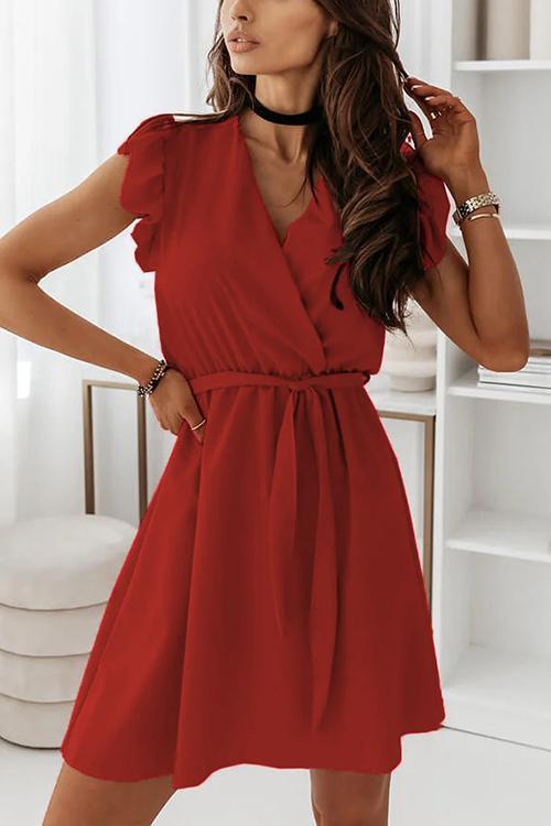 Ruffles V Neck Bleted Mini Dress