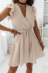 Ruffles V Neck Bleted Mini Dress
