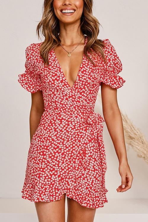 Ruffles Floral Print Short Sleeve Wrap Dress