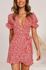 Ruffles Floral Print Short Sleeve Wrap Dress