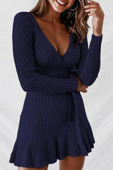 V Neck Ruffles Hem Sweater Dress