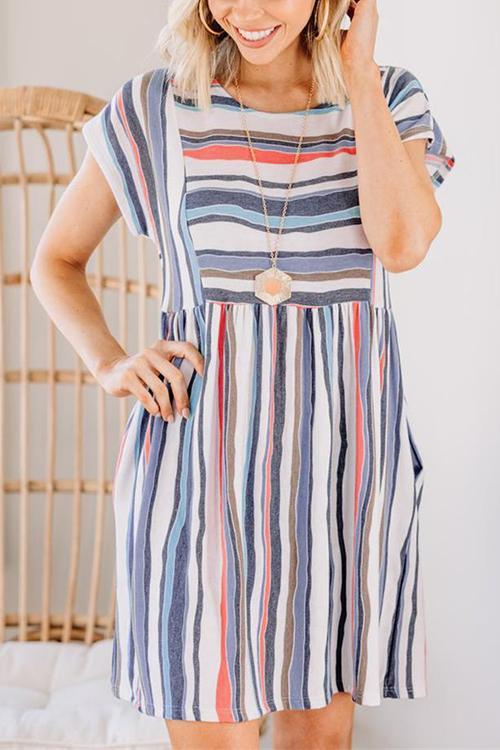 Rainbow Stripe O Neck Mini Dress