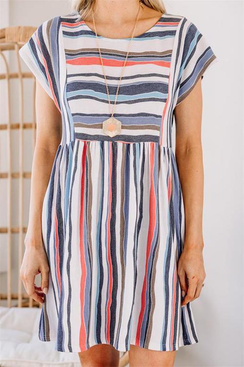Rainbow Stripe O Neck Mini Dress