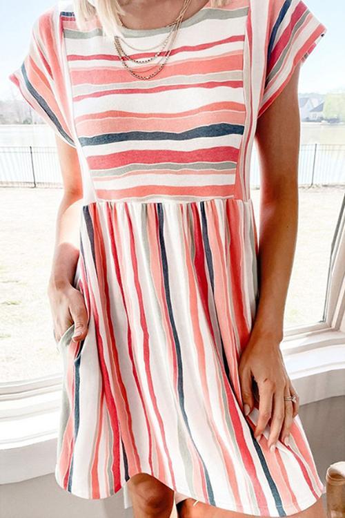 Rainbow Stripe O Neck Mini Dress