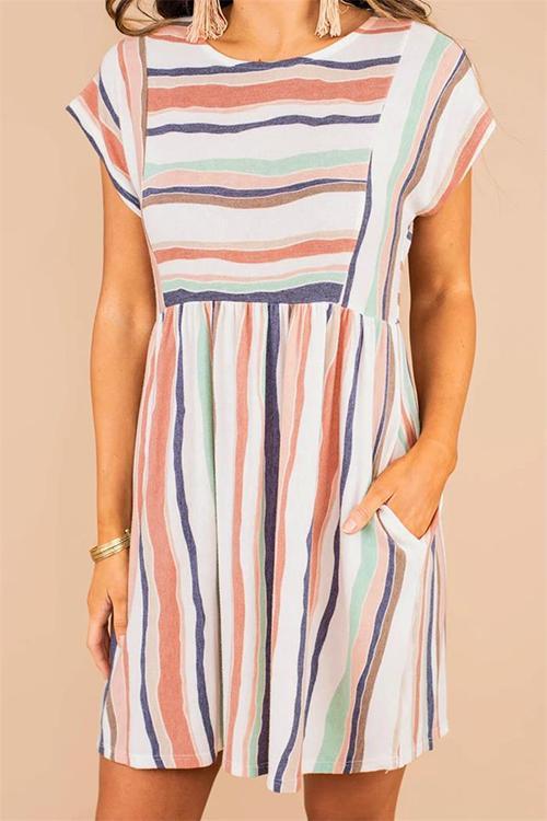 Rainbow Stripe O Neck Mini Dress