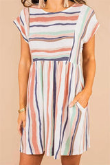 Rainbow Stripe O Neck Mini Dress