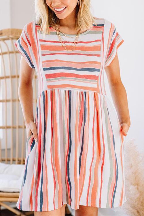 Rainbow Stripe O Neck Mini Dress