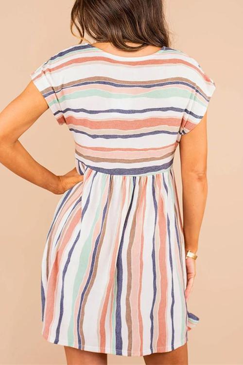 Rainbow Stripe O Neck Mini Dress