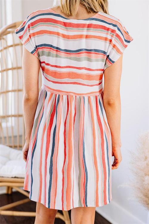 Rainbow Stripe O Neck Mini Dress