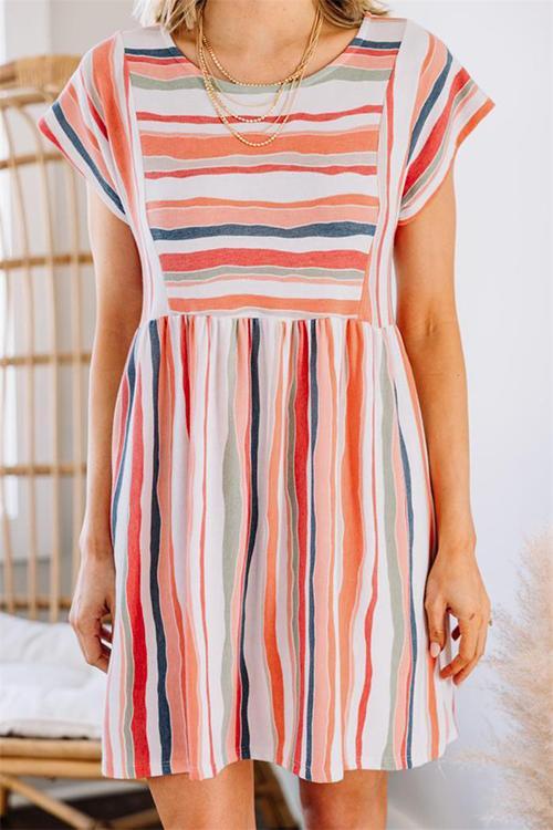 Rainbow Stripe O Neck Mini Dress