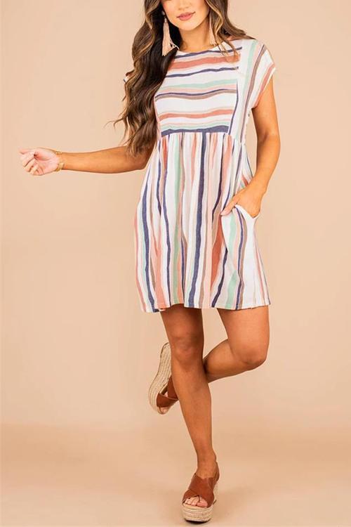 Rainbow Stripe O Neck Mini Dress