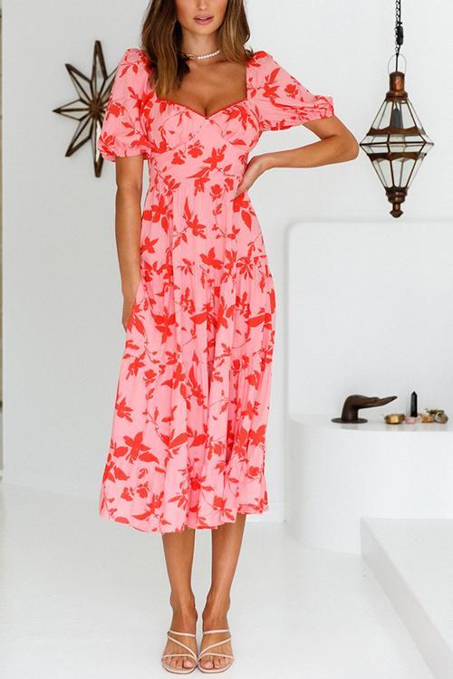 Hot Pink Floral Puff Sleeve Midi Dress