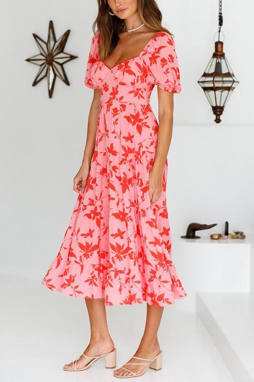 Hot Pink Floral Puff Sleeve Midi Dress