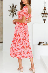 Hot Pink Floral Puff Sleeve Midi Dress