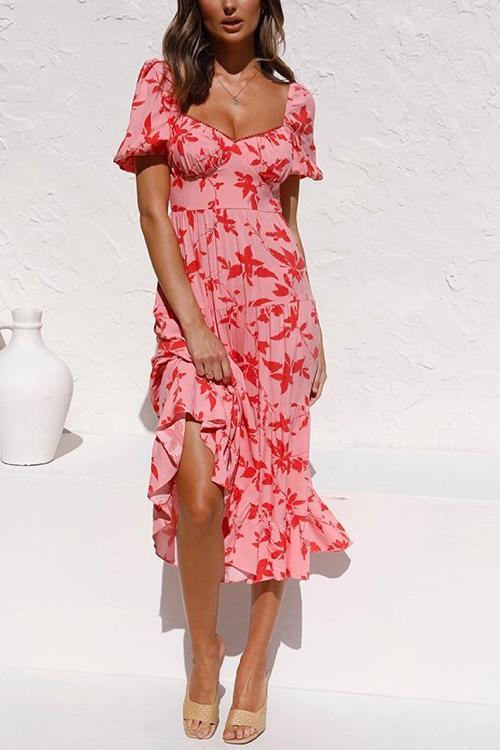 Hot Pink Floral Puff Sleeve Midi Dress