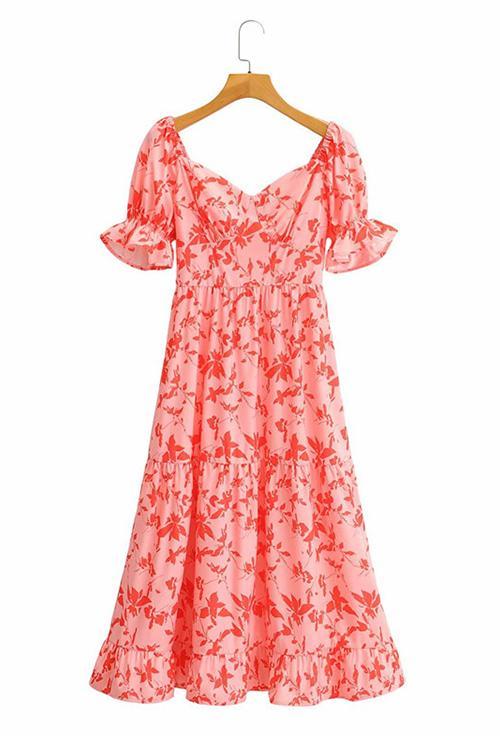 Hot Pink Floral Puff Sleeve Midi Dress