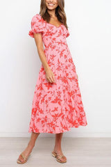 Hot Pink Floral Puff Sleeve Midi Dress