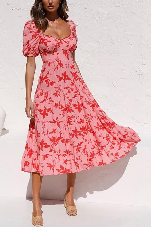 Hot Pink Floral Puff Sleeve Midi Dress