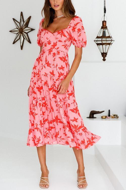 Hot Pink Floral Puff Sleeve Midi Dress