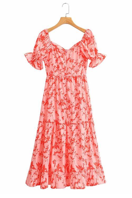 Hot Pink Floral Puff Sleeve Midi Dress