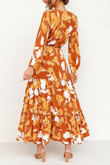 Print Button Tiered Long Sleeve Maxi Dress