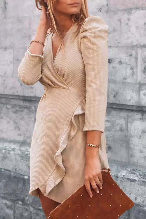 Ruffles Puff Sleeve V Neck Mini Dress