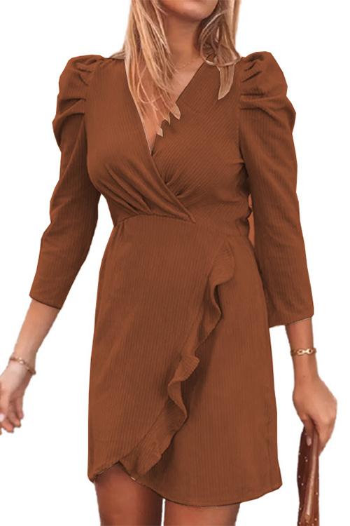 Ruffles Puff Sleeve V Neck Mini Dress