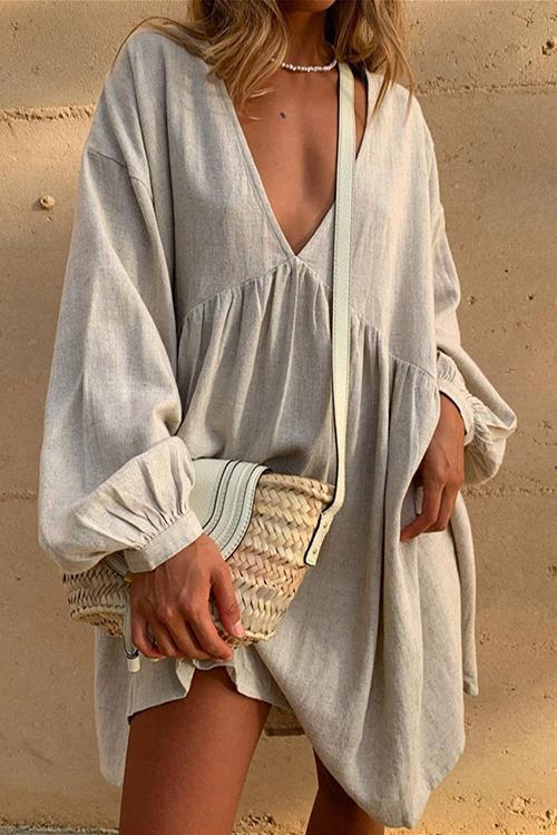 Oversized V Neck Puff Sleeve Dress