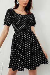 Polka Dot Puff Sleeve Square Neck Mini Dress