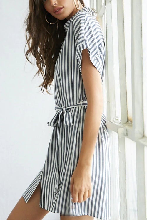 Button Stripe Beleted Mini Dress