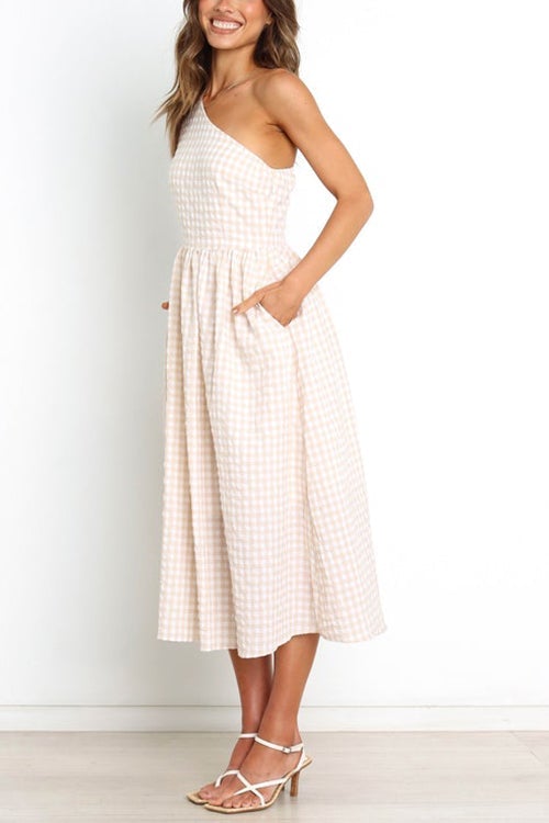 Plaid Puff One Shoulder Midi Dress