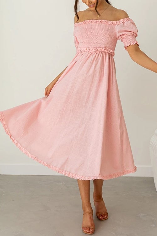 Off Shoulder Puff Sleeve Slit Midi Dress