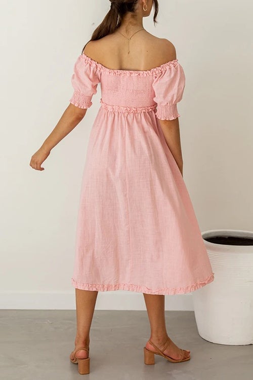 Off Shoulder Puff Sleeve Slit Midi Dress