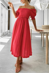 Off Shoulder Puff Sleeve Slit Midi Dress