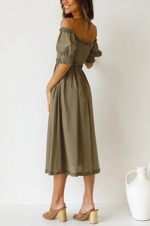 Off Shoulder Puff Sleeve Slit Midi Dress