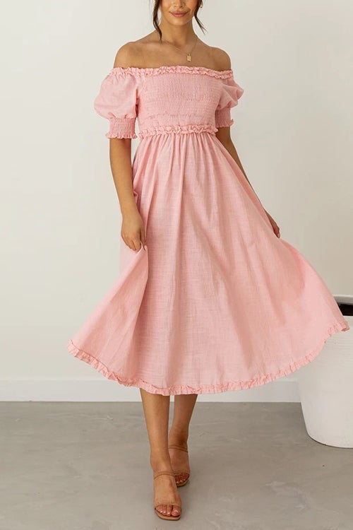 Off Shoulder Puff Sleeve Slit Midi Dress