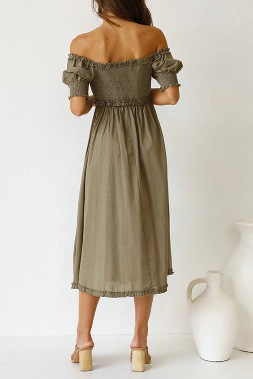 Off Shoulder Puff Sleeve Slit Midi Dress