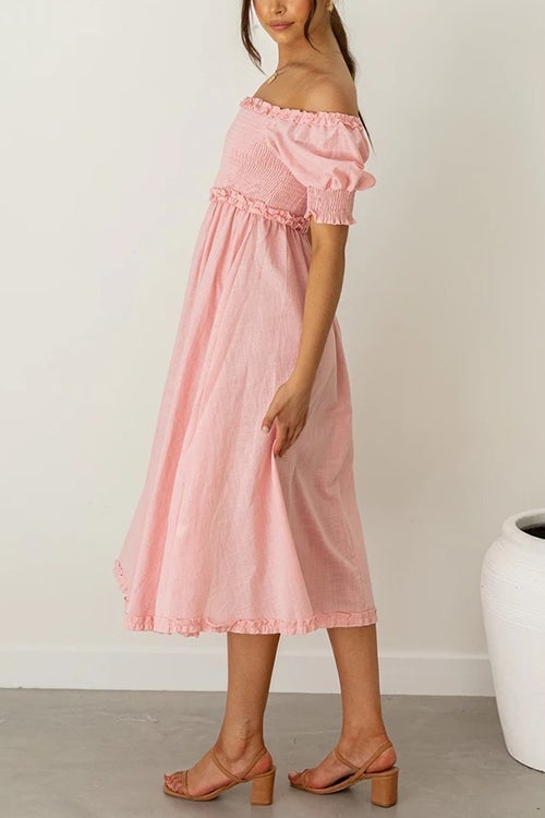 Off Shoulder Puff Sleeve Slit Midi Dress