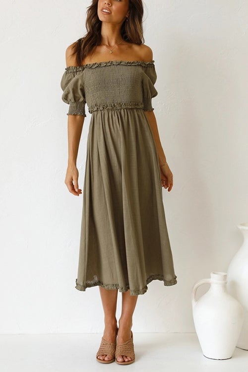 Off Shoulder Puff Sleeve Slit Midi Dress