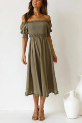 Off Shoulder Puff Sleeve Slit Midi Dress