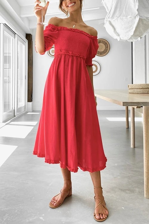Off Shoulder Puff Sleeve Slit Midi Dress
