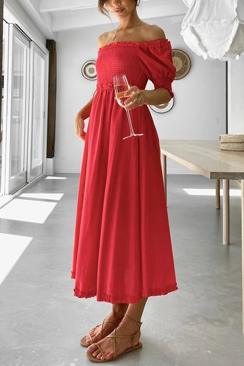 Off Shoulder Puff Sleeve Slit Midi Dress