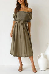 Off Shoulder Puff Sleeve Slit Midi Dress
