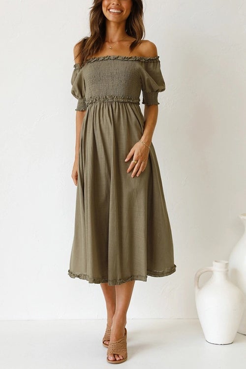 Off Shoulder Puff Sleeve Slit Midi Dress