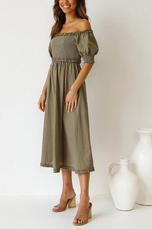 Off Shoulder Puff Sleeve Slit Midi Dress